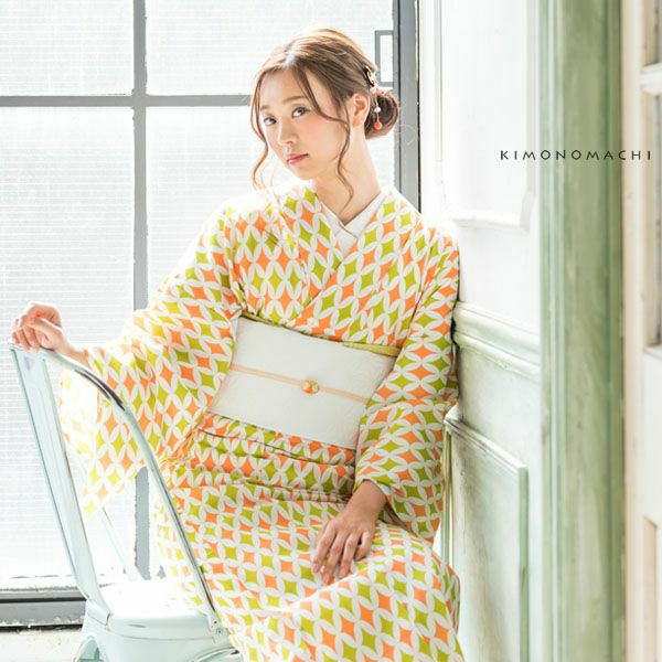 洗える着物夏着物「グリーン×オレンジ　七宝」S、L（フリー）、TL、LL 縦紗風 お仕立て上がり夏着物 レディース 洗える夏着物