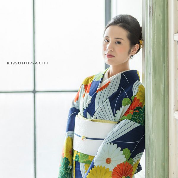 洗える着物夏着物「紺青色　菊花」S、L（フリー）、TL、LL 縦紗風 お仕立て上がり夏着物 レディース 洗える夏着物