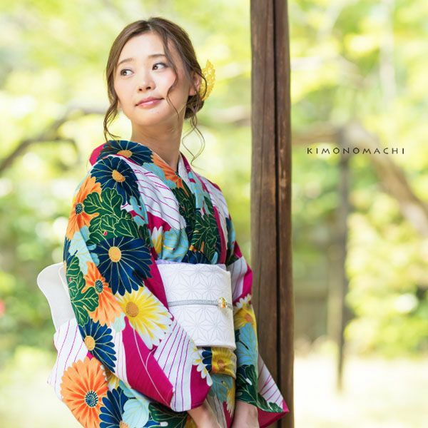 洗える着物夏着物「紫色　菊花」S、L（フリー）、TL、LL 縦紗風 お仕立て上がり夏着物 レディース 洗える夏着物