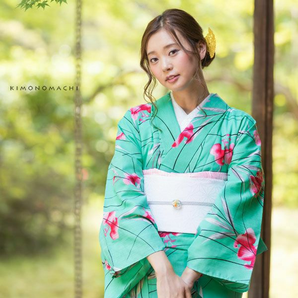 洗える着物夏着物「青緑色　百合」S、L（フリー）、TL、LL 縦紗風 お仕立て上がり夏着物 レディース 洗える夏着物