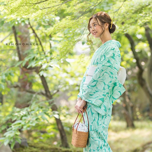 洗える着物夏着物「青緑色　蘭と小花」S、L（フリー）、TL、LL 縦紗風 お仕立て上がり夏着物 レディース 洗える夏着物