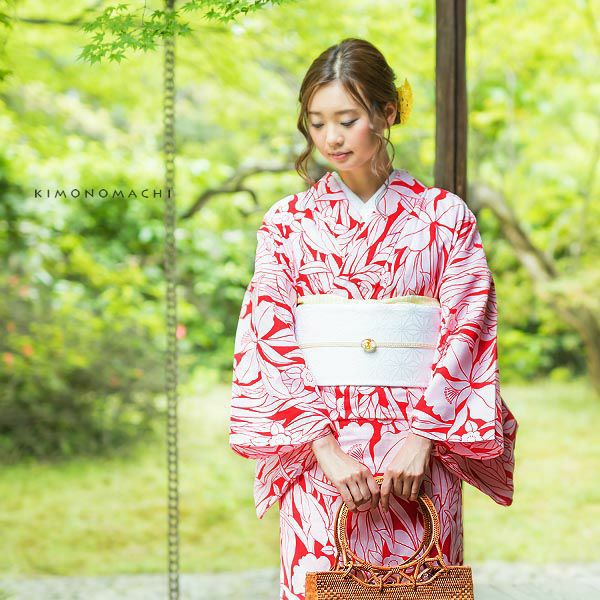 洗える着物夏着物「紅色　蘭と小花」S、L（フリー）、TL、LL 縦紗風 お仕立て上がり夏着物 レディース 洗える夏着物