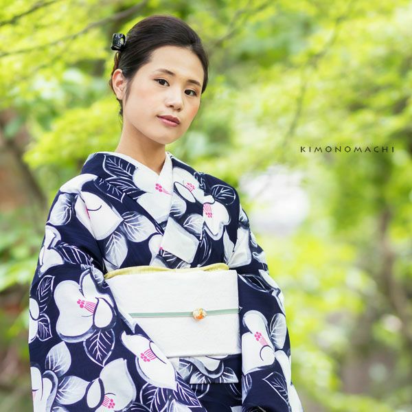 洗える着物夏着物「鉄紺色　椿」S、L（フリー）、TL、LL 縦紗風 お仕立て上がり夏着物 レディース 洗える夏着物