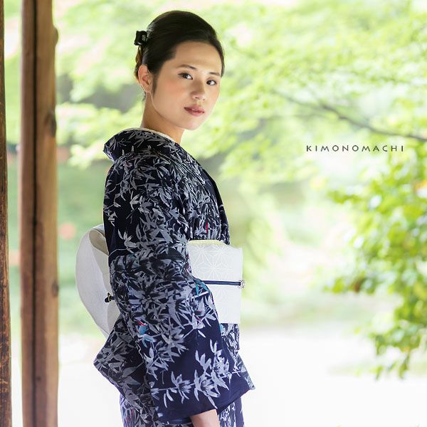 洗える着物夏着物「鉄紺色　竹林」S、L（フリー）、TL、LL 縦紗風 お仕立て上がり夏着物 レディース 洗える夏着物