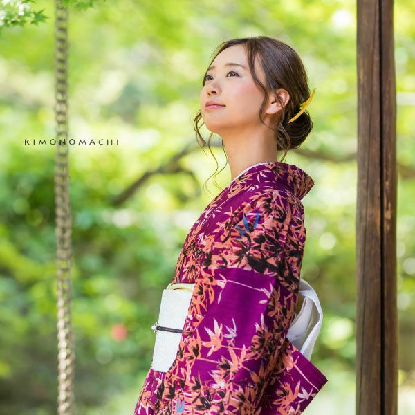 洗える着物夏着物「深紫色　竹林」S、L（フリー）、TL、LL 縦紗風 お仕立て上がり夏着物 レディース 洗える夏着物