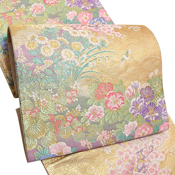 礼装袋帯「ゴールド　波に草花」未仕立て 京都西陣 六通柄 訪問着、色留袖、付け下げに 礼装帯