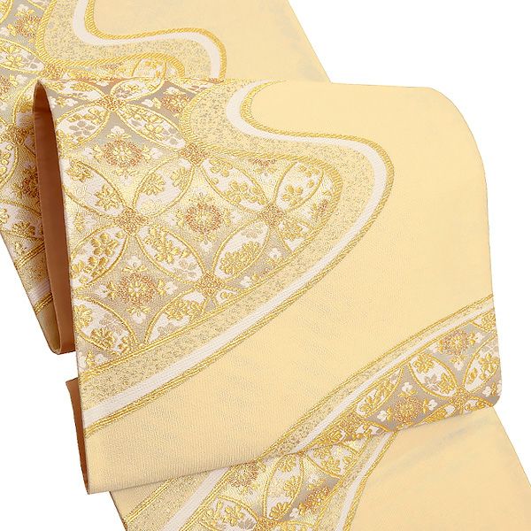 礼装袋帯「薄クリーム　流水に七宝」未仕立て 京都西陣 六通柄 訪問着、色留袖、付け下げに 礼装帯