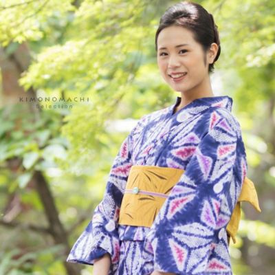 【Prices down】変わり織り浴衣単品「青藍色　絞り風麻の葉」ボヌールセゾン お仕立て上がり浴衣 レディース 夏祭り、花火大会に フリーサイズ 【メール便不可】ss2503ykl35