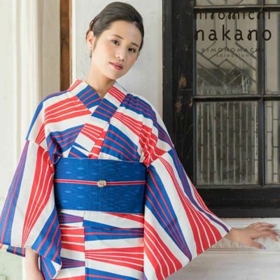 【Prices down】ナカノヒロミチ浴衣単品「赤×青　幾何学」吸水速乾 お仕立て上がり浴衣 レディース 夏祭り、花火大会に フリーサイズ 【メール便不可】ss2503ykl50