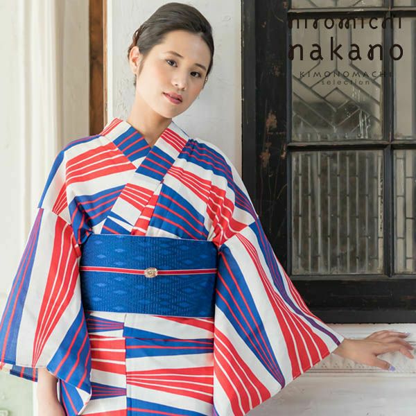 ナカノヒロミチ浴衣単品「赤×青　幾何学」吸水速乾 お仕立て上がり浴衣 レディース 夏祭り、花火大会に フリーサイズ