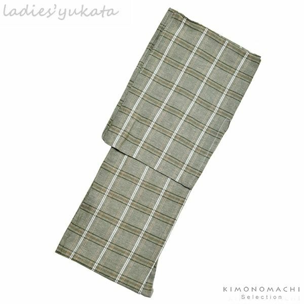 綿麻しじら浴衣単品「グリーン格子縞」Mサイズ（フリーサイズ） お仕立て上がり浴衣 レディース 夏祭り、花火大会に フリーサイズ