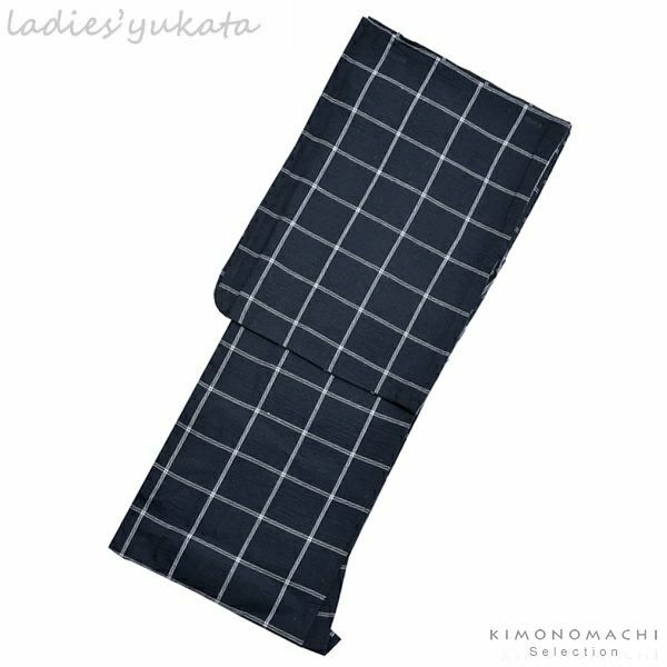綿麻しじら浴衣単品「紺格子」Mサイズ（フリーサイズ） フリーサイズ