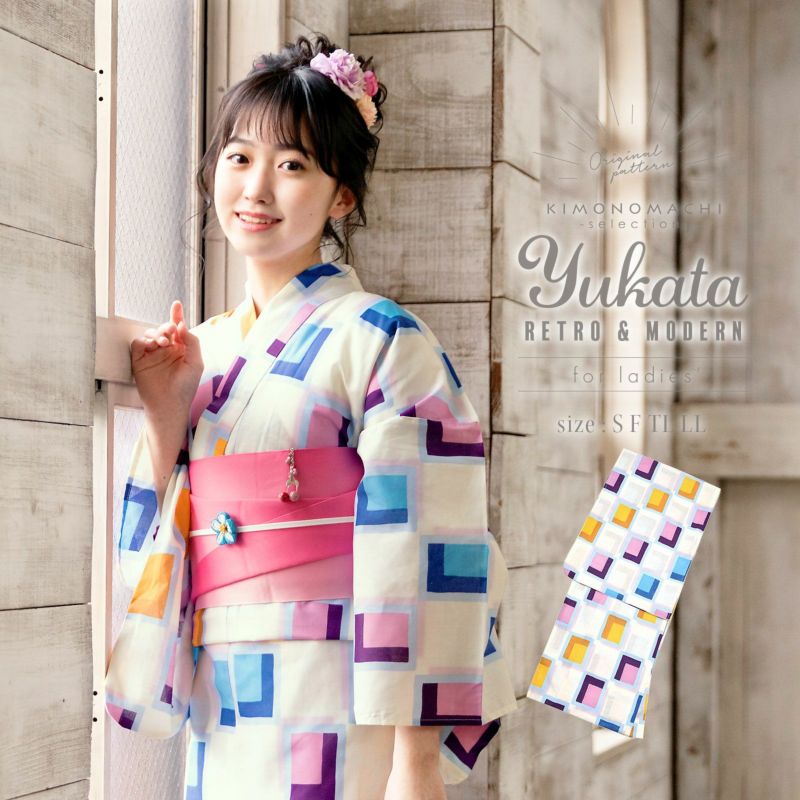 京都きもの町オリジナル浴衣単品「パープルタイル」S、フリー、TL、LL 綿浴衣 お仕立て上がり浴衣 レディース 女性浴衣