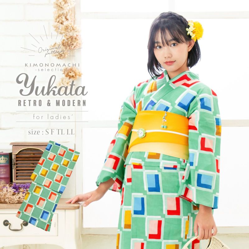 京都きもの町オリジナル浴衣単品「グリーンタイル」S、フリー、TL、LL 綿浴衣 お仕立て上がり浴衣 レディース 女性浴衣