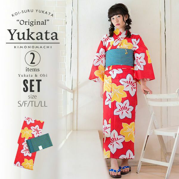 京都きもの町オリジナル浴衣セット「赤色　鉄線」S、フリー、TL、LL 女性浴衣 お仕立て上がり浴衣 浴衣、帯の浴衣2点セット