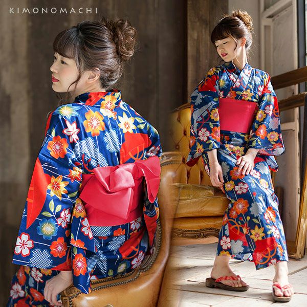 浴衣 レディース 浴衣と帯の2点セット「青色 枝垂れ桜に笠」S/F