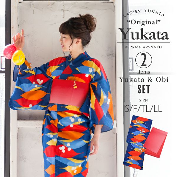 浴衣 レディース 浴衣と帯の2点セット「青色　葉っぱと実」S/F/TL/LL きもの町オリジナル 綿浴衣 プレタ お仕立て上がり 可愛い 個性的 女性用 女性浴衣 ゆかた yukata