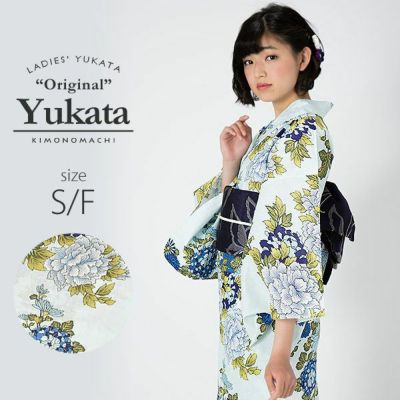 京都きもの町オリジナル浴衣単品「薄水色に牡丹と菊」S、F、TL、LL 夏祭り、盆踊りに レトロ 綿 女性浴衣 【メール便不可】ss2409ykl20
