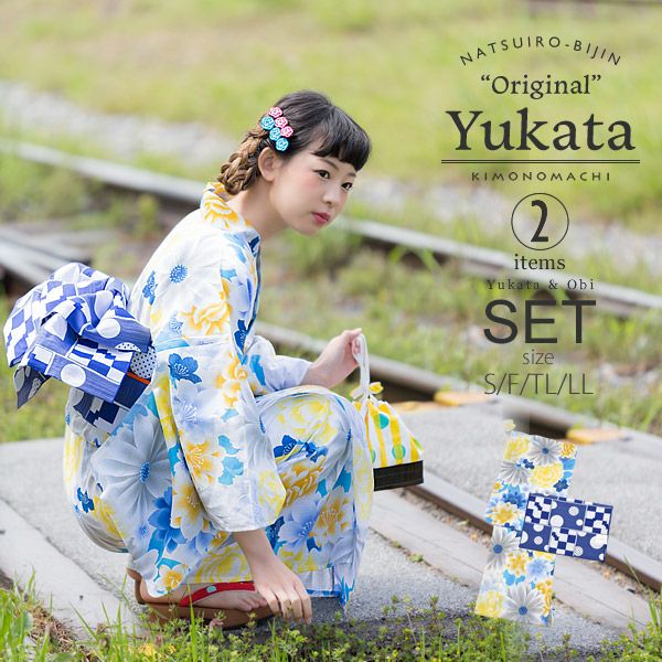 京都きもの町オリジナル浴衣2点セット「ブルーフラワー」S、F、TL、LL 夏祭り、盆踊りに レトロ 綿 女性浴衣セット