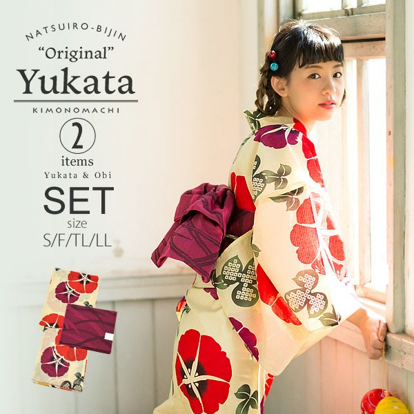 京都きもの町オリジナル浴衣2点セット「赤色　朝顔」S、F、TL、LL 夏祭り、盆踊りに レトロ 綿 女性浴衣セット