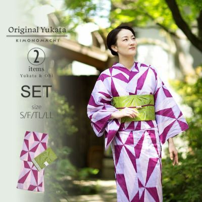 【50％OFF】京都きもの町オリジナル浴衣2点セット「パープル レトロ幾何学模様」S、F、TL、LL レトロ 綿 【メール便不可】ss2503ykt10