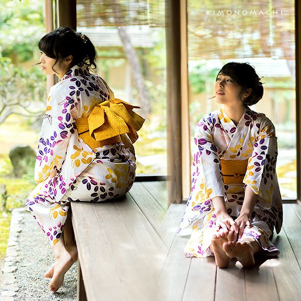 京都きもの町オリジナル浴衣3点セット「紫×からし 萩」S、フリー