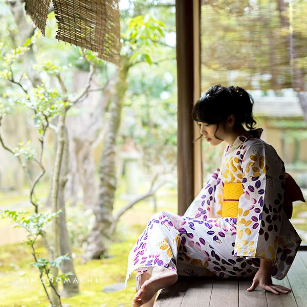 京都きもの町オリジナル浴衣3点セット「紫×からし 萩」S、フリー