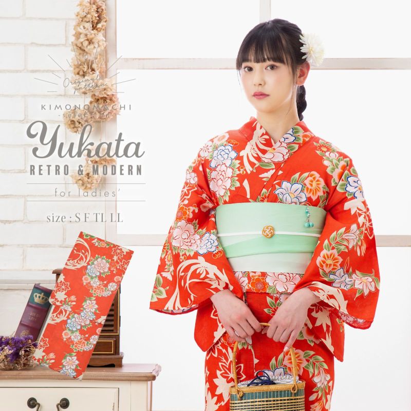 京都きもの町オリジナル浴衣単品「朱赤色　花の丸紋」S、フリー、TL、LL 綿浴衣 お仕立て上がり浴衣 レディース 女性浴衣