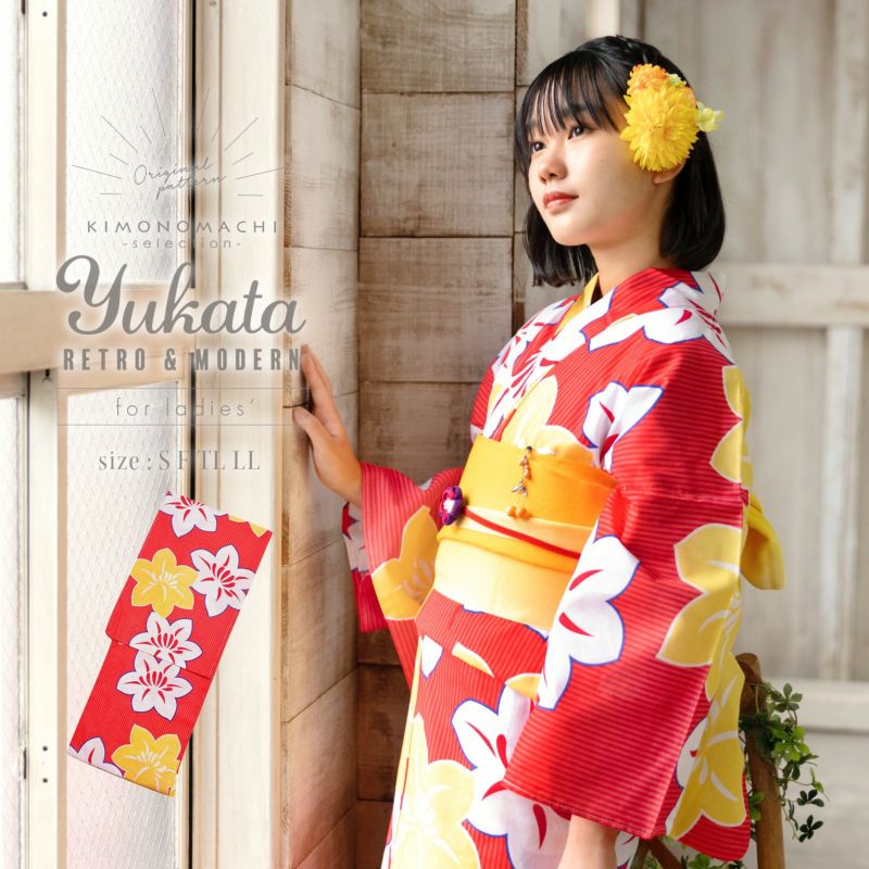 京都きもの町オリジナル浴衣単品「赤色　鉄線」S、フリー、TL、LL 女性浴衣 花火大会、夏祭り、夏フェスに お仕立て上がり浴衣 浴衣