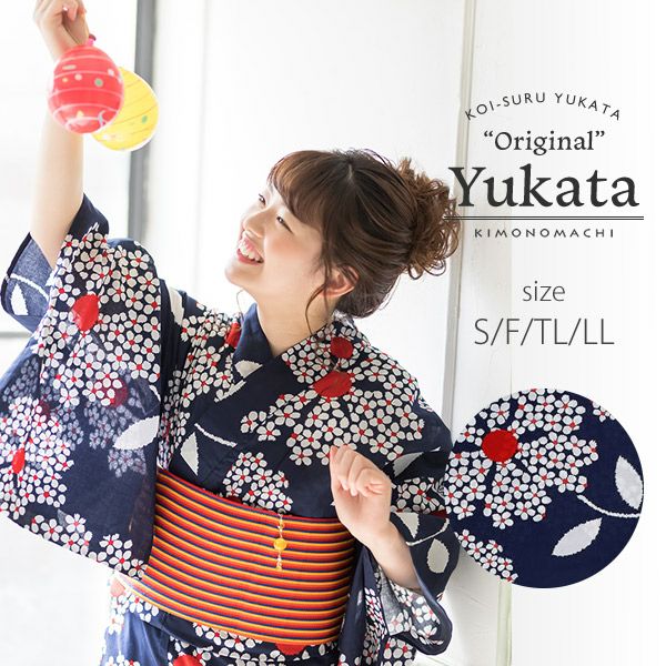 京都きもの町オリジナル浴衣単品「ネイビー　フラワー」S、フリー、TL、LL 女性浴衣 花火大会、夏祭り、夏フェスに お仕立て上がり浴衣 浴衣