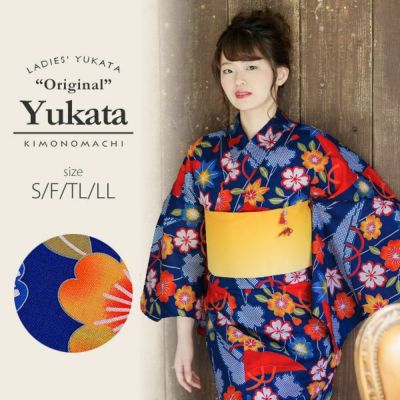 【Prices down】京都きもの町オリジナル浴衣単品「青色　枝垂れ桜に笠」S、フリー、TL、LL 女性浴衣 花火大会、夏祭り、夏フェスに お仕立て上がり浴衣 浴衣 【メール便不可】ss2406ykl15