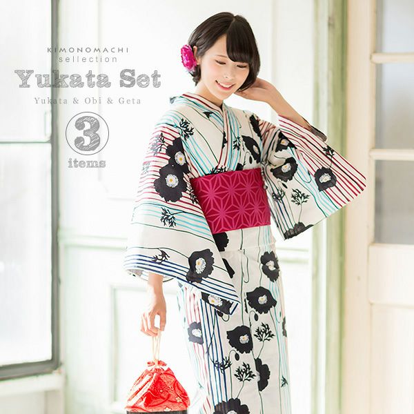 女性浴衣3点セット「黒色　ストライプに花」女性浴衣セット レディース   夏祭り、花火大会に