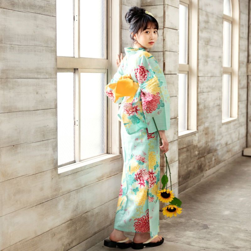 京都きもの町オリジナル浴衣単品「水色菊とオウム」S、フリー、TL、LL ...