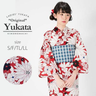 【Prices down】京都きもの町オリジナル浴衣単品「赤マーガレット」S、フリー、TL、LL 綿浴衣 レディース レトロ 女性浴衣 【メール便不可】ss2406ykl25