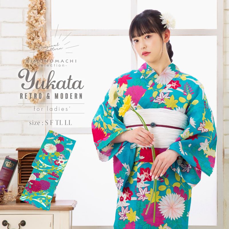 京都きもの町オリジナル浴衣単品「クリアブルー菊」S、フリー、TL、LL 綿浴衣 レディース レトロ 女性浴衣
