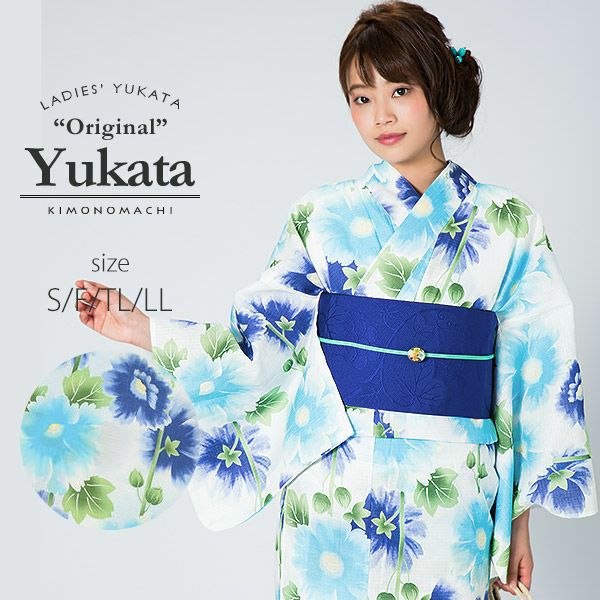 京都きもの町オリジナル浴衣単品「ブルータチアオイ」S、フリー、TL、LL 綿浴衣 レディース レトロ 女性浴衣