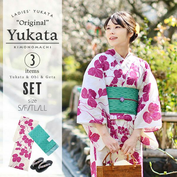 京都きもの町オリジナル浴衣セット「ラズベリーレッド　瓢箪」S、フリー、TL、LL 綿浴衣 レディース レトロ 女性浴衣3点セット
