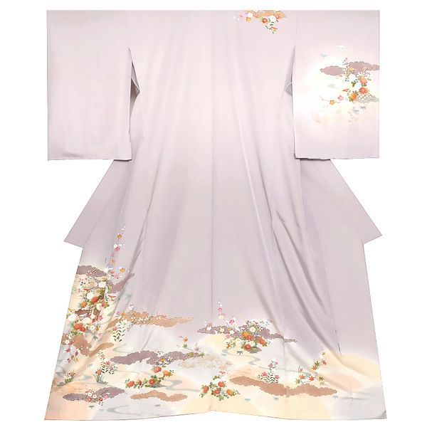 未仕立て訪問着単品「淡藤色　雲に吉祥草花」未仕立て 正絹着物   仮絵羽