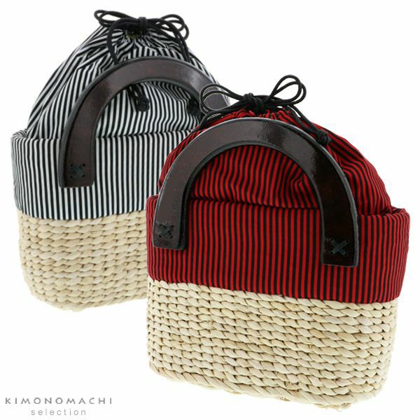 とうもろこしバッグ単品「赤×黒、白×黒　ストライプ柄」編み籠バッグ 浴衣巾着   浴衣バッグ
