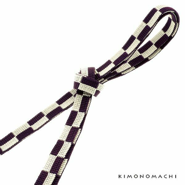 正絹四分紐「紫×生成り　市松」帯締め 組紐   洒落小物