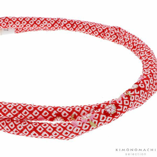 丸ぐけ帯締め「赤色　桜の刺繍」七五三に 刺繍帯締め 七五三小物 正絹絞り 正絹帯締め