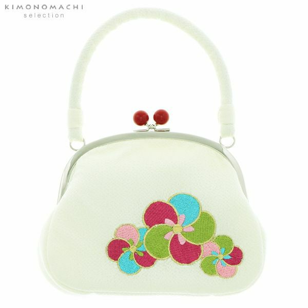 ちりめんがま口バッグ単品「白色　捻じ梅」七五三に 桃の節句、お正月にも 七五三小物 七五三バッグ 三歳の女の子に、七歳、五歳の女の子にも