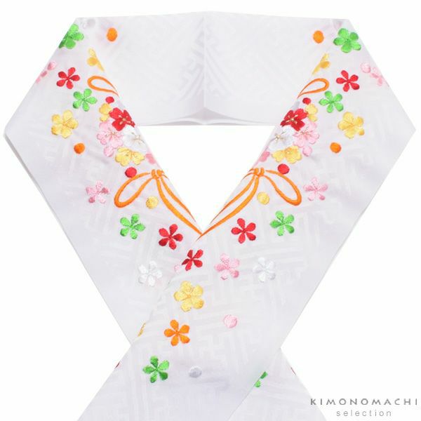 刺繍半衿「白色　オレンジ花薬玉の刺繍」七五三に こども半衿   刺繍半襟