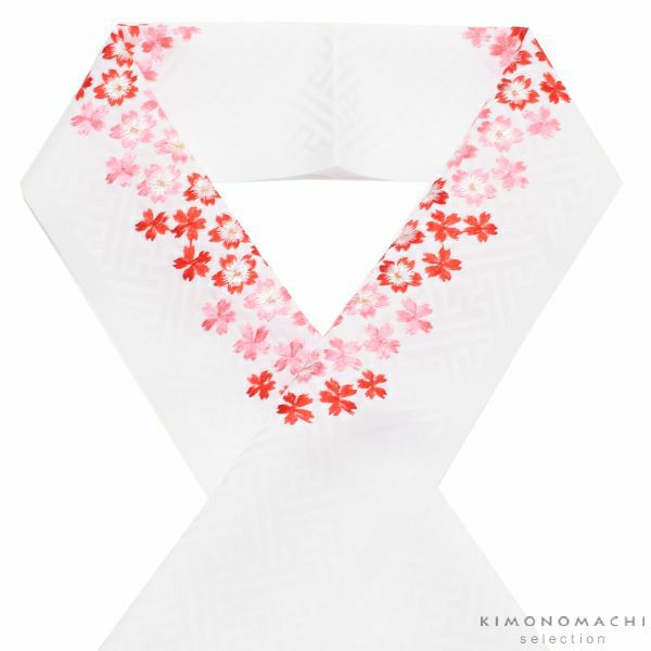 刺繍半衿「白色　赤、ピンクの桜刺繍」七五三に こども半衿   刺繍半襟