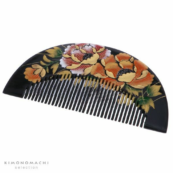塗りくし「黒色　牡丹」前櫛 成人式の振袖に 櫛かんざし 振袖髪飾り 日本髪