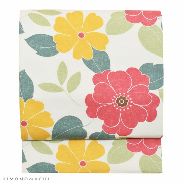 木綿名古屋帯「白色　フラワー」長尺もあります コットン名古屋帯 仕立て上がり帯 カジュアル 洒落帯