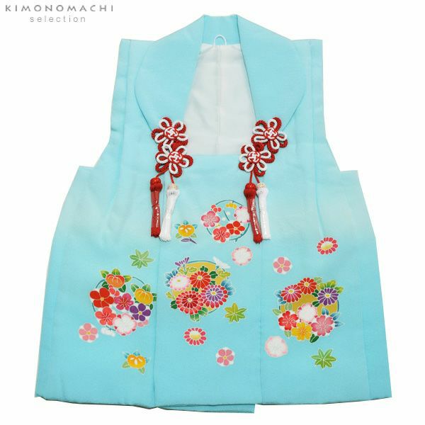 女の子被布コート単品「水色ぼかし　花の丸」3歳児用 七五三 七五三小物 手描き お子様被布コート 京加賀