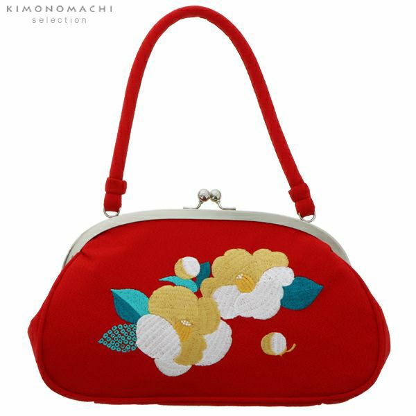 刺繍がま口バッグ単品「赤色 椿」振袖バッグ 着物バッグ 刺繍