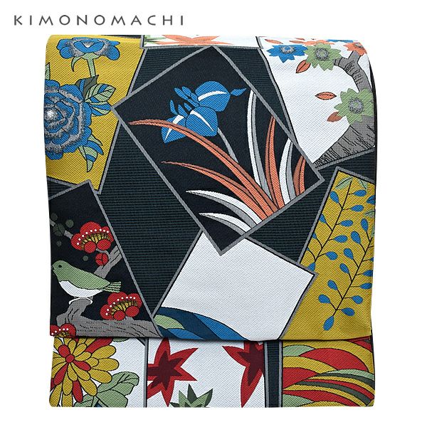 お仕立て上がり京袋帯「黒 花札」全通柄 洒落帯 ポリエステル名古屋帯  