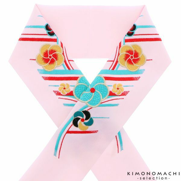 刺繍半衿「ピンク　斜め縞に捻じ梅」刺繍半襟 洒落衿 振袖小物 レトロ 振袖衿